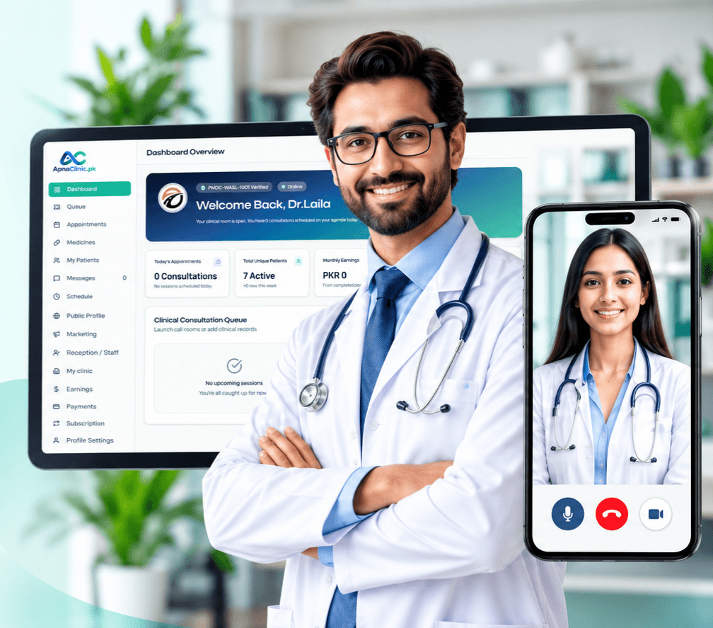 Doctor with Apna Clinic dashboard and online consultation